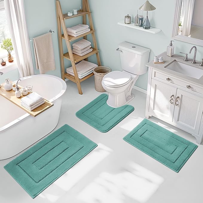 GRANNY SAYS Bathroom Rugs Sets 3 Piece, Soft Absorbent Microfiber Bath Mats for Bathroom Non Slip Washable, U-Shaped Toilet Bath Rugs for Tub Shower (Teal, 16" x 24" + 20" x 32" + U Shaped 20" x 24")