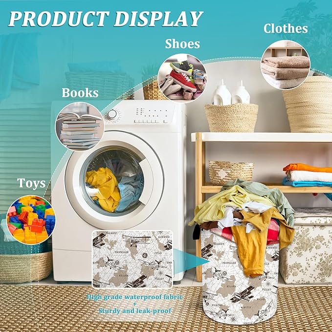 Airplane Laundry Basket, Vintage transportation Laundry Hamper World Map Tote Bag Dirty Clothes Storage Bucket Toy Organizer for Bathroom/Laundry/Bedroom 15.7"x19.6"