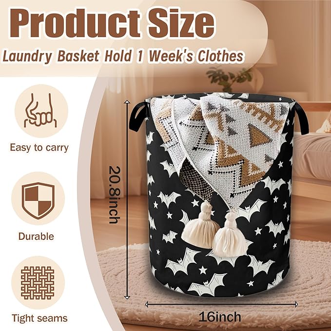 White Bats Laundry Baskets,Laundry Hamper,Storage Basket with Handles for Bathroom Bedroom College Dormitory Living Room Nursery Organizer 16"x20.8"