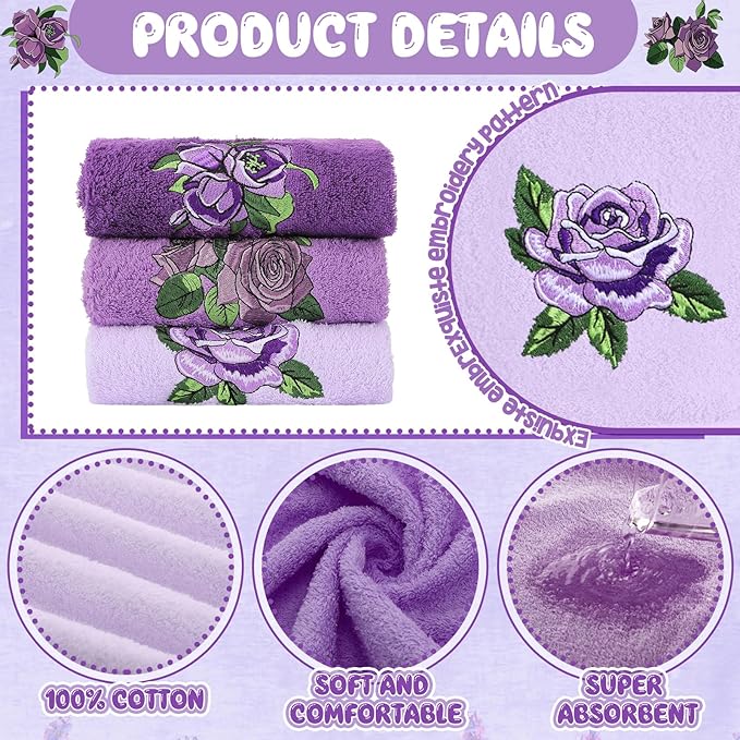 3 Pcs Purple Rose Hand Towels Lavender Purple Bathroom Decor Embroidered Floral Farmhouse Decorative Towels for Bathroom Kitchen Decor, 100% Cotton, 13. 3 x 29. 5''