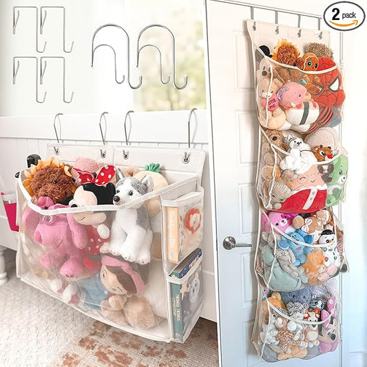 Stuffed Animal Storage | 2 in 1 Bedside and Over the Door Stuffed Animal Organizer | Space-saving Stuffy Holder with Extra Pockets | Kids Toys Hanging Plushie Holder with Reinforced Sides | Bed caddy
