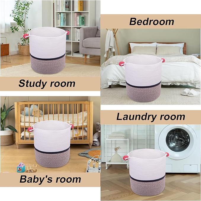 Laundry Baskets Woven Cotton Rope Laundry Hamper with Handles for Decor Storage of Dirty Clothes,Toys and Blankets in Bathroom,Baby Room and Living Room