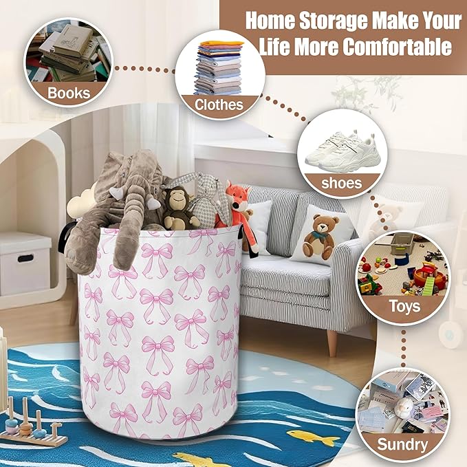 Pink Bow Laundry Hamper,Laundry Baskets,Waterproof Oxford Cloth Toy Storage for Bedroom,Bathroom,Nursery,16x20.8 Inch