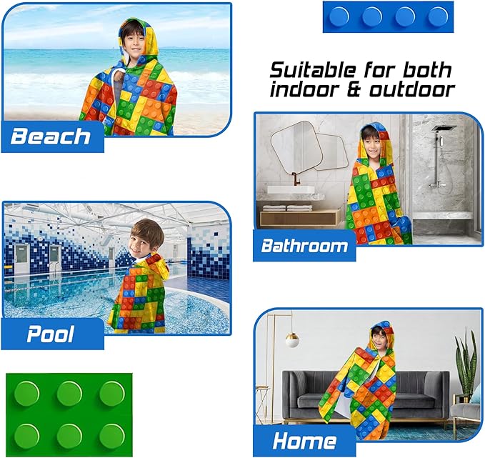 Hooded Towels for Kids -Toddler Beach Towel- Super Absorbent & Quick Dry 100% Cotton 35x60 Inch - to Kid Ages 3-12-Building Block Swim Towels