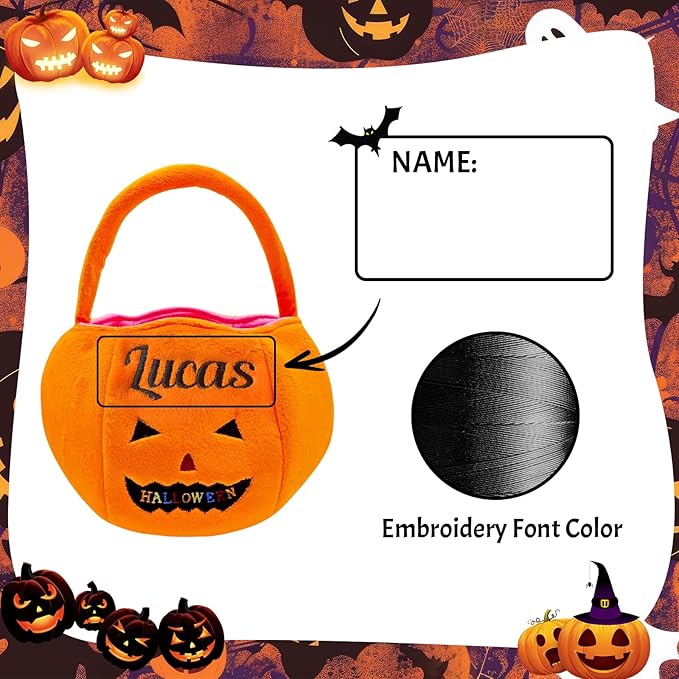 Personalized Halloween Baskets for Kids Trick or Treat Bucket| Custom Name Embroidered for Trick or Treat Bags- Halloween Pumpkin Candy Treat Bucket