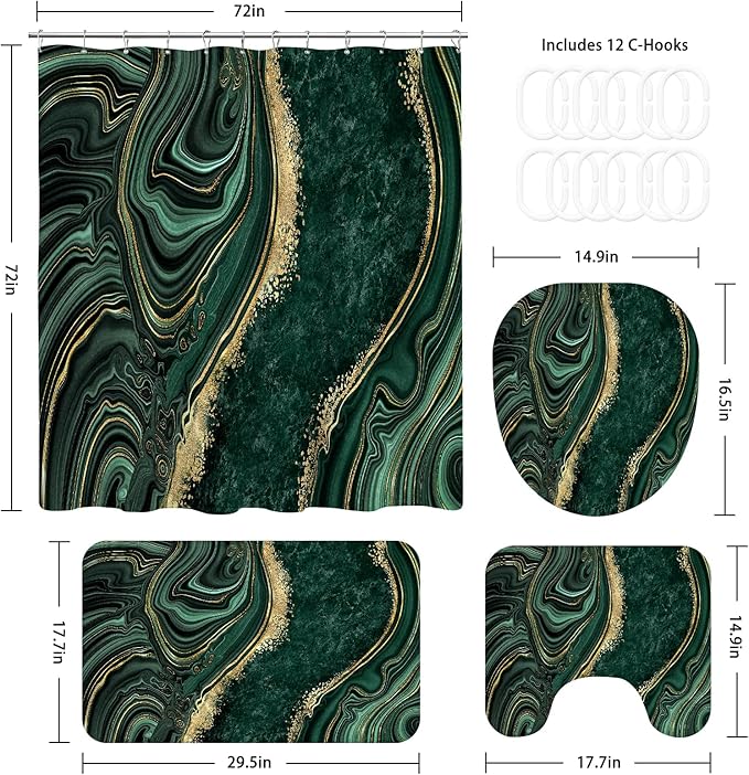 4PCS Emerald Green Marble Bathroom Set with Shower Curtain, Bath Mat, Toilet Lid Cover & U-Shaped Rug, Dark Green Shower Curtain Set for Bathroom