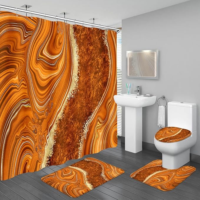 4PCS Orange Marble Bathroom Sets with Shower Curtain and Rugs, Abstract Gold Shower Curtain Sets with Rugs for Bathroom, Modern Bathroom Curtains Shower Set with Toilet Lid Cover Accessories