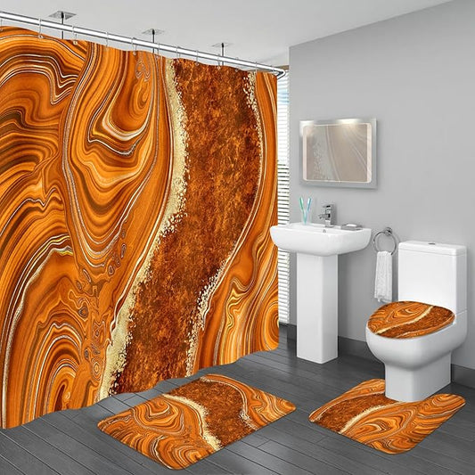 4PCS Orange Marble Bathroom Sets with Shower Curtain and Rugs, Abstract Gold Shower Curtain Sets with Rugs for Bathroom, Modern Bathroom Curtains Shower Set with Toilet Lid Cover Accessories