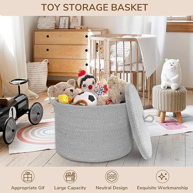 21" x 18" Extra Large storage baskets,Decorative blanket basket with lid for Living room,rope baskets with lid,wicker hamper for bedroom,Big,Round,Grey