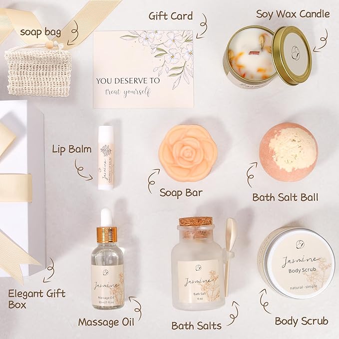 Spa Gifts for Women Valentines Day Gifts Jasmine Bath Gift Baskets Relaxing Self Care Gift for Mom Girlfriend Sister Wife Auntie Home Bath Care Package Thank You Birthday Gift Friendship