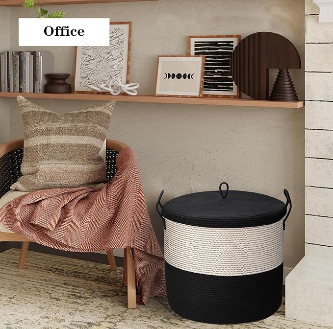 21" x 18"Extra Large storage baskets,Eco-friendly rope baskets with lid,blanket basket living room with lid,hampers for bedroom,big,round, Black 115L