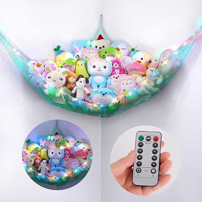 Basumee Stuffed Animals Net or Hammock with LED Light Hanging Toy Net Hammock for Stuffed Animals Storage Stuff Animals Hammocks for Nursery Room with Remote Control, 8 Kinds of Lights(Pack of 1)