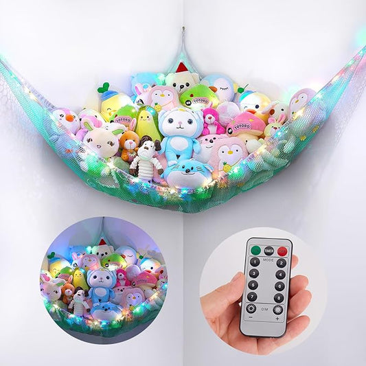 Basumee Stuffed Animals Net or Hammock with LED Light Hanging Toy Net Hammock for Stuffed Animals Storage Stuff Animals Hammocks for Nursery Room with Remote Control, 8 Kinds of Lights(Pack of 1)