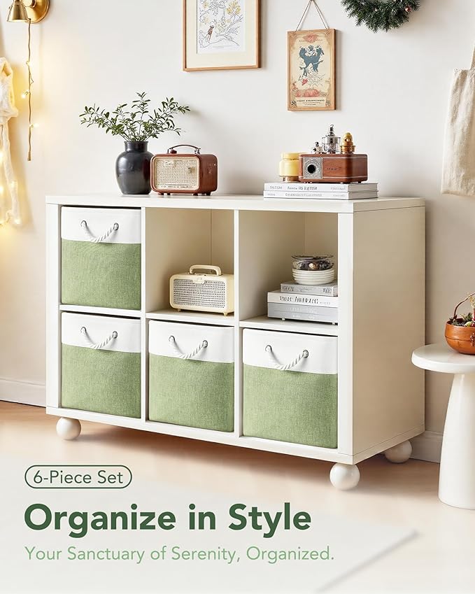 12x12 Storage Cube Bins, 6 Pack Reinforced Bottom Cardboard Foldable Box, Organizer for Closet Shelves, Heavy Home Storage Baskets (White Green)