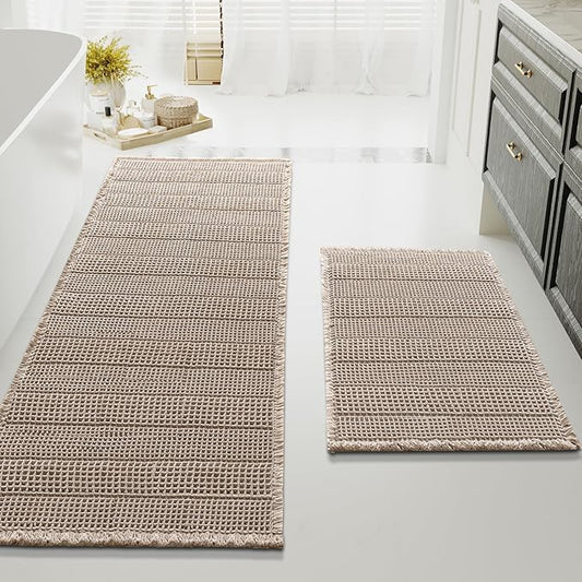 H.VERSAILTEX Waffle Bath Mat Super Absorbent Bathroom Mats Non Slip Bath Rugs for Bathroom Floor Machine Washable Ultra Soft Bathroom Rugs for Beside Tub, (32 x 20 Plus 24 x 60 - Inches, Irish Cream)