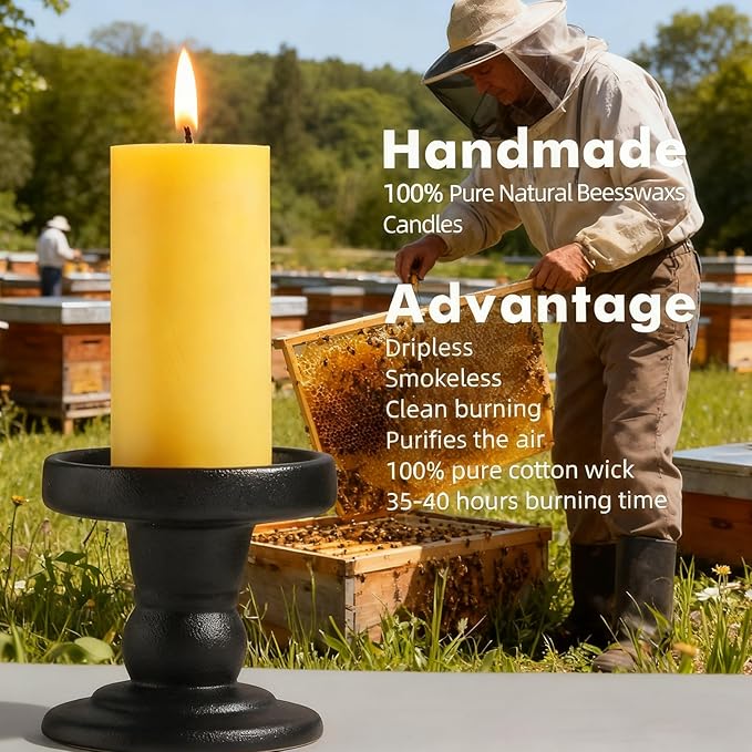 6 Pack Beeswax Candles, 210 Hours Burning Unscented Beeswax Pillar Candles for Christmas Decor, Pure Natural Organic Bees Wax Pillar Candle for Emergency Home Prayer, Dripless & Smokeless (2x4in)