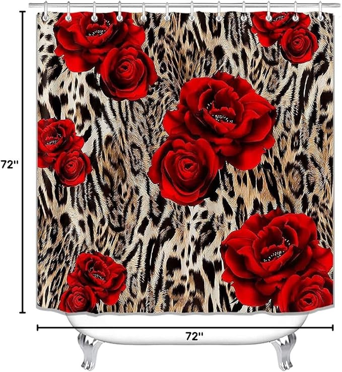 4PCS/Set Brown Leopard Print Shower Curtain, Romantic Red Rose Panthera Cheetah Safari Wildlife Wild Animal Skin Pattern Women Bathroom Decor, Non-Slip Bath Rugs Toilet Mats, Blooming Floral