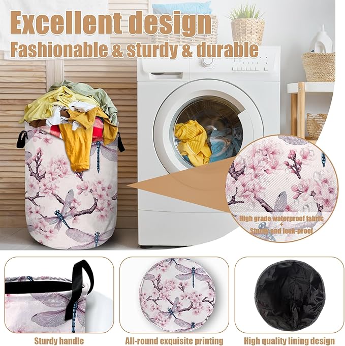 Dragonfly Laundry Basket, Foldable Cherry Blossom Laundry Hamper Tote Bag Dirty Clothes Storage Bucket Toy Organizer for Bathroom/Laundry/Bedroom 15.7"x19.6"