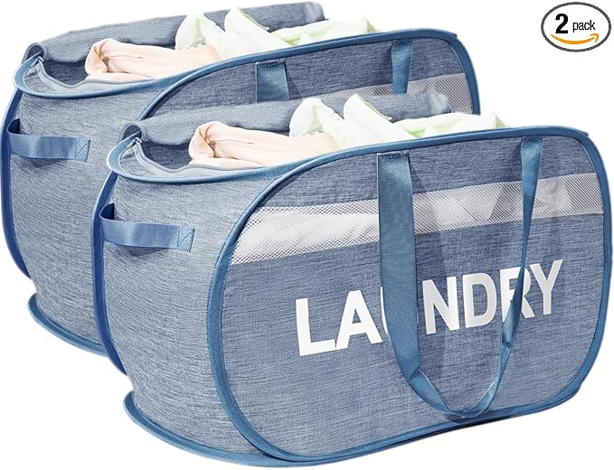 Collapsible Laundry Basket 2 pack, Foldable Pop Up Blue Laundry Baskets Mesh with Lid & Handle, Pop Up Collapsible Laundrys Hamper, Fabric Laundrys Baskets for Dorm, Travel, Bathroom