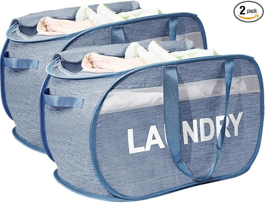 Collapsible Laundry Basket 2 pack, Foldable Pop Up Blue Laundry Baskets Mesh with Lid & Handle, Pop Up Collapsible Laundrys Hamper, Fabric Laundrys Baskets for Dorm, Travel, Bathroom