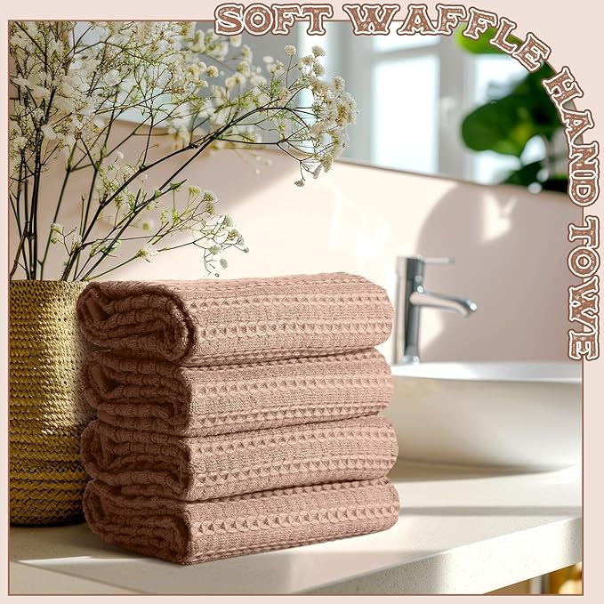4 Pack Brown Hand Towels Waffle Striped Pattern 100% Cotton Soft Hand Towels for Bathroom 13 x 29 Inch Absorbent Waffle Washcloths for Bathroom Kitchen