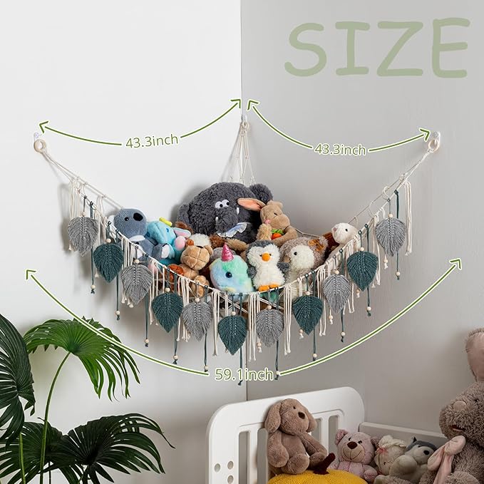 Pretty Jolly Macrame Stuffed Animal Hammock with Beads Hand Woven Leaf Tassels Corner Hanging Net Boho Plush Holder for Kid Room Nursery Decor Organizer for Girls Gift(Lightgray & Blue)