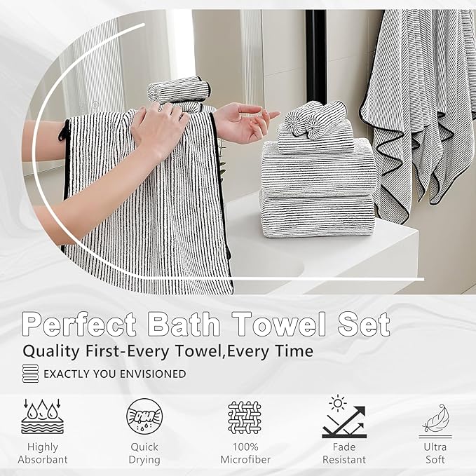 4 Piece Bath Towel Set 35"x70"Oversized Bath Towel for Bathroom Ultra Soft Fluffy Extra Large Bath Sheet Luxury Premium Bathroom Towel Highly Absorbent Quick Dry Shower Towel for Hotel Spa,Black White