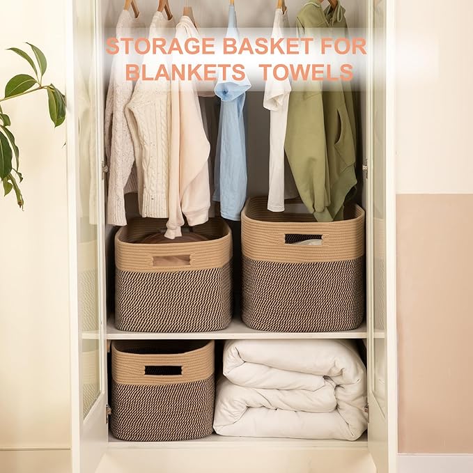 Extra Large Blanket Basket, Toy Basket Bin for Kids, Cotton Rope Woven Storage Basket for Living Room, Nursery, Baby Room Decorative Organizer, 24''×16''×15'', Brown & Black