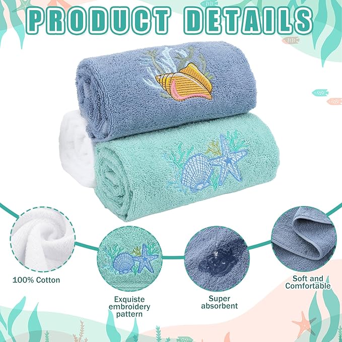 3 Pack Coastal Hand Towels for Bathroom 100% Cotton Embroidered Beach Bathroom Towels 13.78 x 29.53 Inch Soft Absorbent (White Green Blue, Seashell)