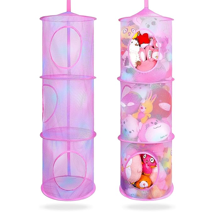 Basumee Stuffed Animals Net or Hammock 2 Pcs Stuffed Animals Storage Toy Net Hammock for Plushies Storage Organizer Mesh Kids Girls Room Decor, Pink, 3 Tiers