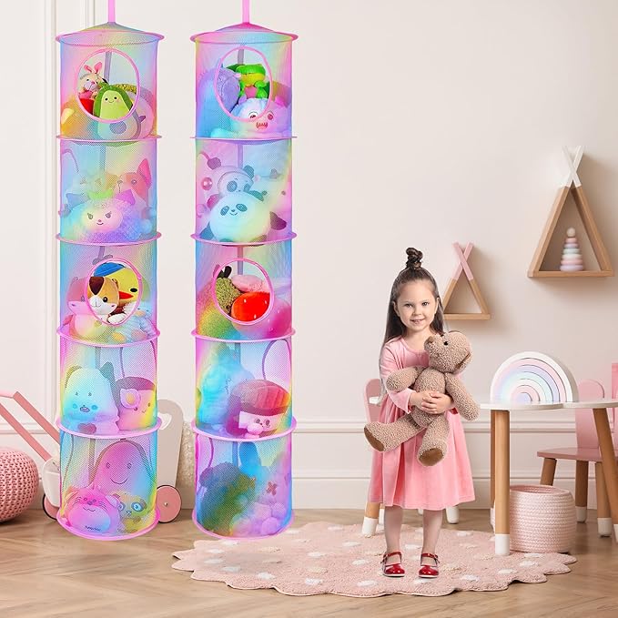 Basumee Stuffed Animals Net or Hammock 2 Pcs Stuffed Animals Storage Toy Net Hammock for Plushies Storage Organizer Mesh Kids Girls Room Decor, Rainbow, 5 Tiers