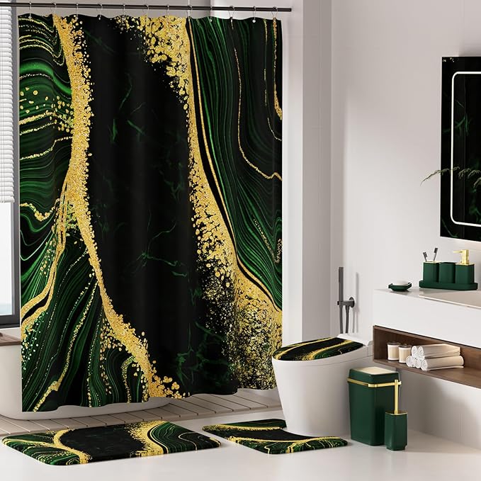 25PCS Bathroom Accessory Set, Dark Green Bathroom Set with Large-Capacity 4 Gallon Trash Can,Bathroom Rugs Set, Waterproof Shower Curtain, Toilet Brush, Toothbrush Holder & Soap Dispenser