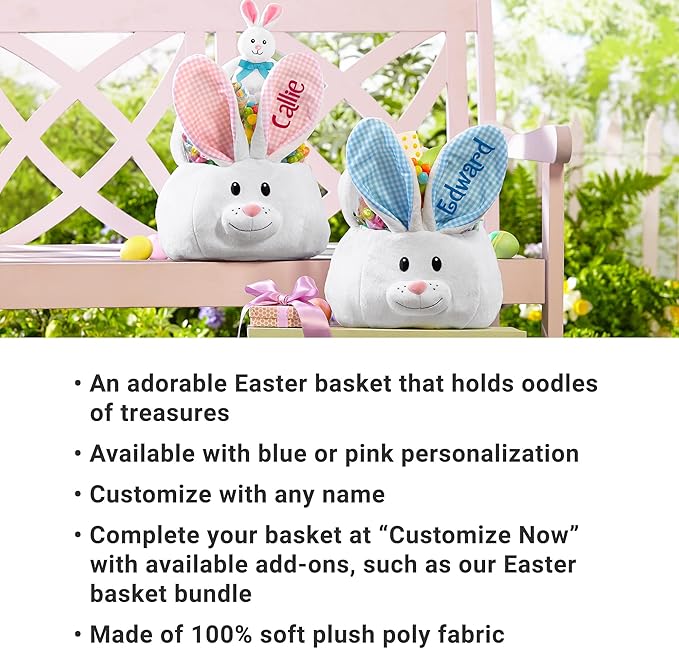 Let's Make Memories Personalized Easter Basket for Kids - Custom - For Boys and Girls - Fillable - With Optional Easter Basket Stuffers - Plush Bunny with Blue Gingham Ears