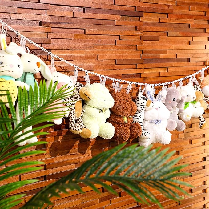 Blulu Stuffed Animal Storage Chain with 20 Clips 78.74'' Toy Chain Hanging Organizer Hammock with Hooks Plush Toy Corner Organizer for Nursery Bedroom Playroom Wall Decor(White Clip)