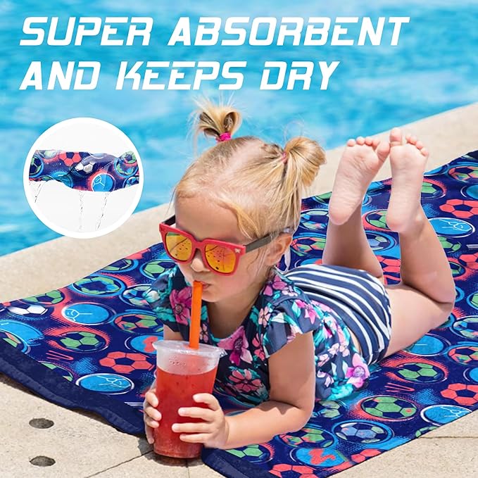 Hooded Towels for Kids -Toddler Beach Towel- Super Absorbent & Quick Dry 100% Cotton 35x60 Inch - to Kid Ages 3-12-Soccer Pattern Design