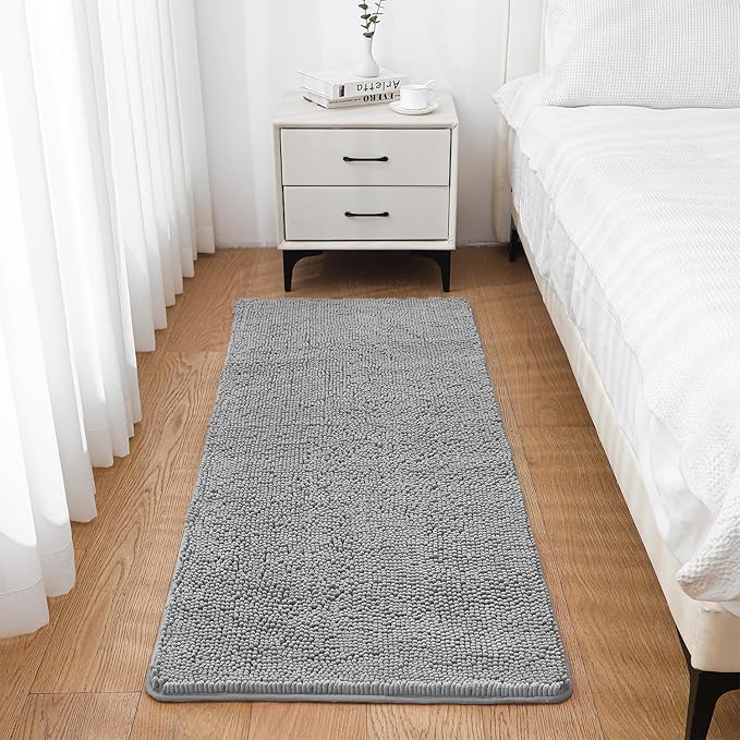 Gray Bathroom Rugs 24"x60" - Long Plush Chenille Non-Slip Runner Bath Mat - Absorbent, Washable, Soft Decor for Shower, Sink, Tub, Floor, Home Accessories