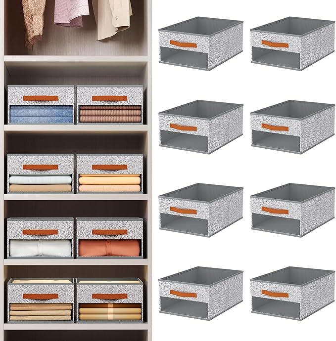 Closet Organizers and Storage - 8 Pack Storage Bins Baskets for Organization Foldable Closet Organizer with Clear Window & Handles for Clothes, Toys, Towels, Small Essential (Ant Light Gray)