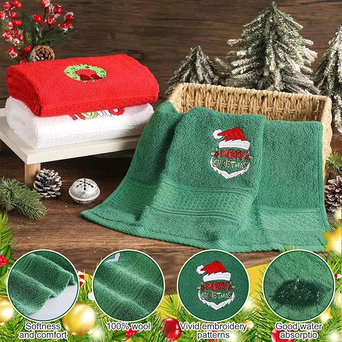 3 Pcs Merry Christmas Hand Towels for Bathroom Embroidered Bathroom Towels Farmhouse Decorative 13.78 x 29.53 Inch Absorbent Soft Cotton for Kitchen Dish Fast Drying Decor