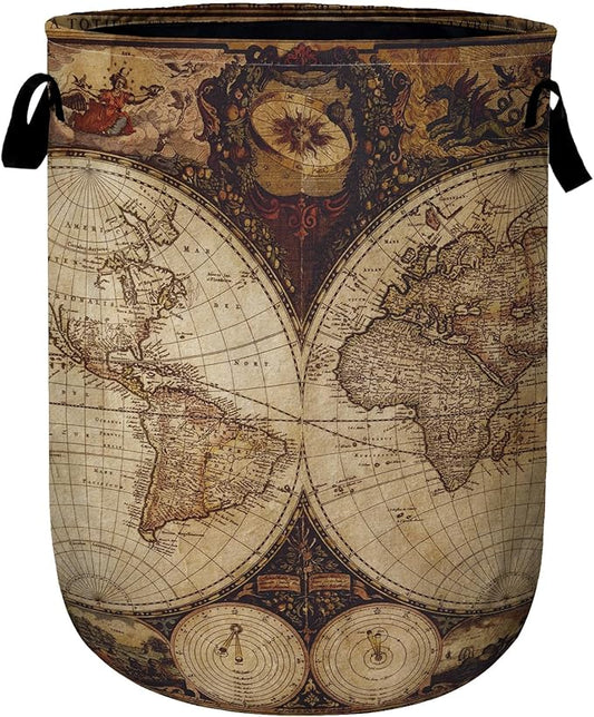 World Map Laundry Basket, Laundry Hamper Collapsible Oxford Cloth with Handle Clothes Toy Storage Bin for Bathroom Laundry Room Bedroom 15.7 X 20 Inch