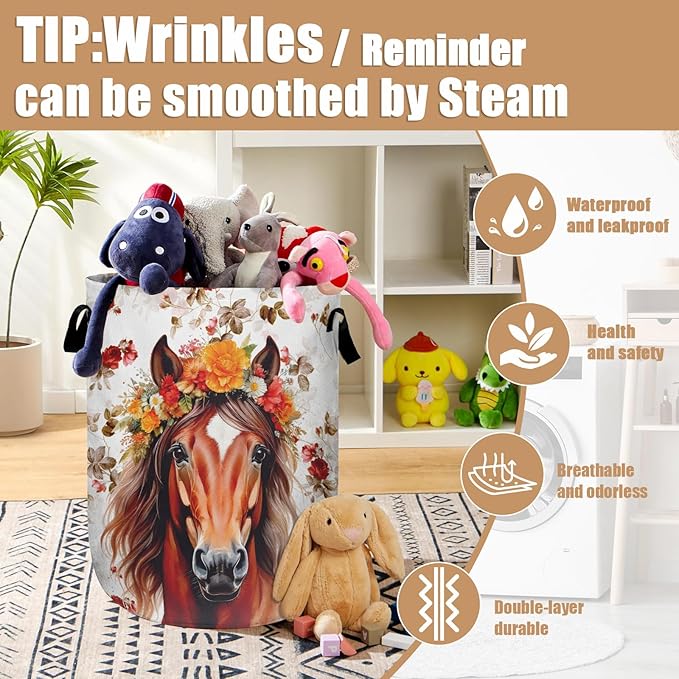 Watercolor Horse Laundry Basket, Foldable Waterproof Animals Floral Laundry Hamper Tote Bag Dirty Clothes Storage Bucket Toy Organizer for Bathroom/Laundry/Bedroom 15.7"x19.6"