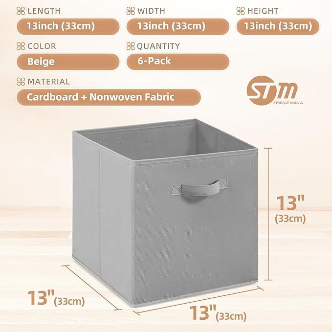STORAGE MANIAC Storage Cubes, 13 Inch Collapsible Storage Bins with Handles, 6 Pack Fabric Foldable Bins for Organization, Durable Storage Bins for Closet, Shelves, Offices, Toys, 6-Pack Grey
