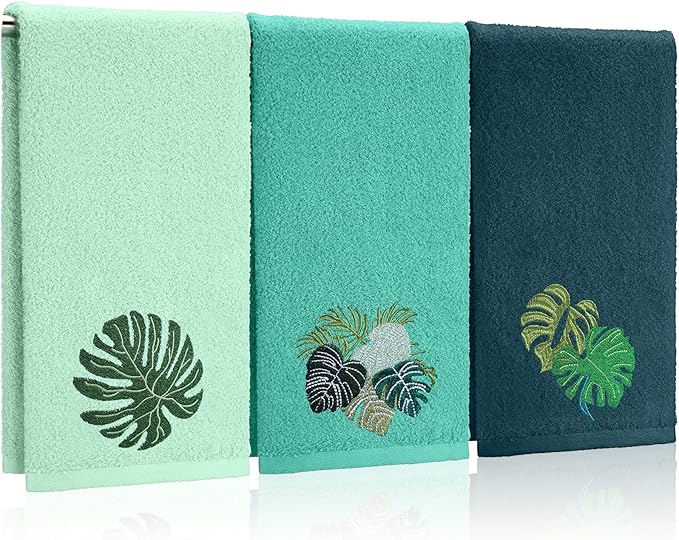 3 Pack Tropical Palm Leaves Hand Towels for Bathroom 100% Cotton Embroidered Bathroom Towels 13.78 x 29.53 Inch Beach Hand Towels Absorbent Soft Cotton Towel(Green,Monstera Leaves)