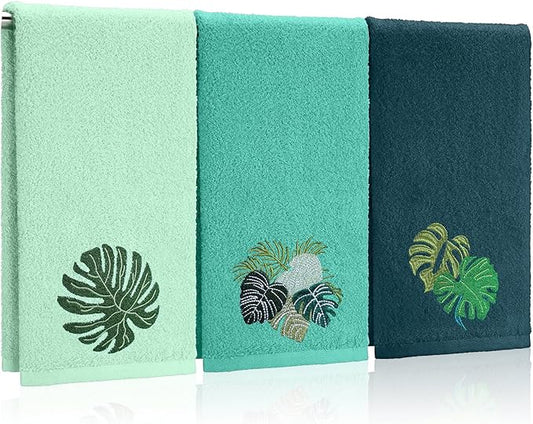 3 Pack Tropical Palm Leaves Hand Towels for Bathroom 100% Cotton Embroidered Bathroom Towels 13.78 x 29.53 Inch Beach Hand Towels Absorbent Soft Cotton Towel(Green,Monstera Leaves)