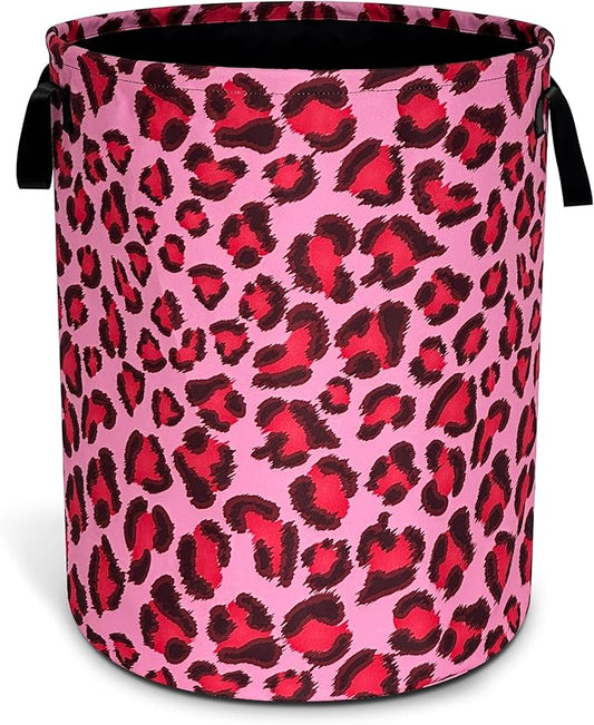 Pink Leopard Laundry Basket Oxford Cloth Funny Cheetah Skin Laundry Hamper With Handle Foldable Portable Clothes Storage Basket 18.9 X 16.5 In Storage Bag For Laundry Room/Bathroom/Bedroom/Dormitories