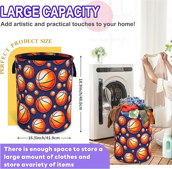 Basketball Laundry Basket Oxford Cloth Ball Sports Laundry Hamper Funny With Handle Foldable Portable Clothes Storage Basket 18.9 X 16.5 In Storage Bag For Laundry Room/Bathroom/Bedroom/Dormitories