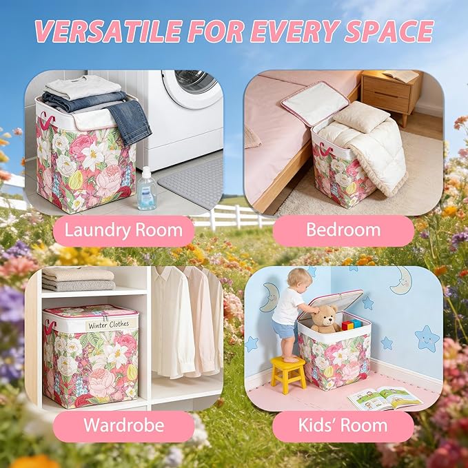 120L Extra Large Laundry Basket with Lid & Handles, Cottagecore Flower Collapsible Laundry Hamper, Waterproof Oxford Cloth Storage Basket for Laundry Room Organization
