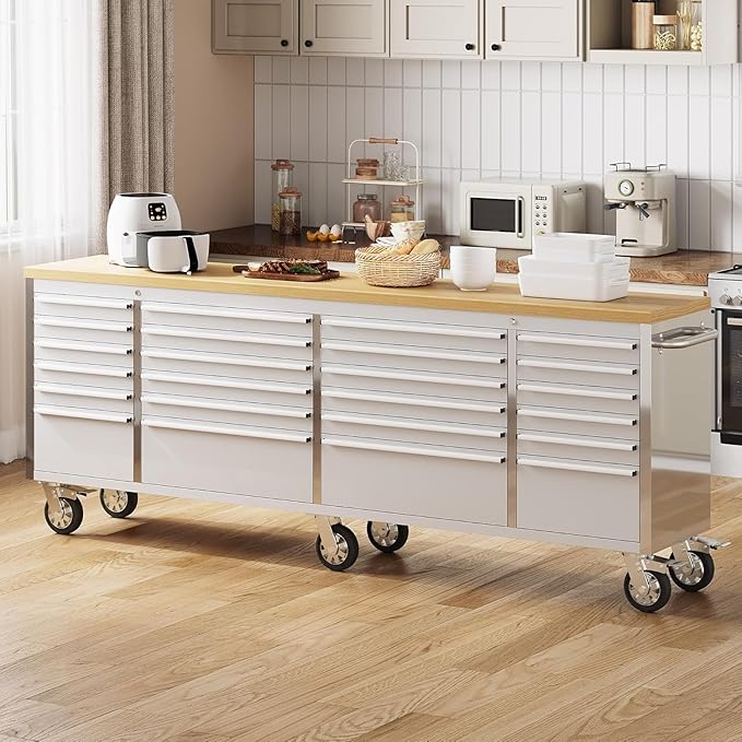 96" Rolling Tool Chest with 24 Drawers, Solid Rubber Wood Workbench Top, Locking Wheels & Key Lock, Mobile Garage Storage Cabinet for Workshop Organization