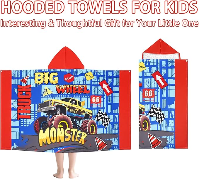 Hooded Beach Towels for Kids - Ultra Soft 100% Cotton Big Truck Toddler Hood Bath Towels/Pool Terry Towel Beach Poncho Wrap Absorbent Cute Bath & Swim Wrap Gift for Boys & Girls 3-10 Years - Blue
