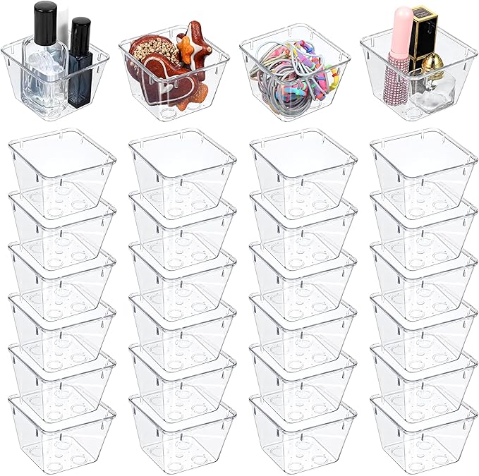 24 Pcs Clear Drawer Organizers 3" x 3" x 2" Stackable Small Makeup Vanity Storage Bins Small Desk Drawer Organization Clear Container Dividers for Makeup Vanity Office Bathroom Kitchen Utensil