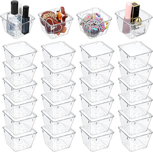 24 Pcs Clear Drawer Organizers 3" x 3" x 2" Stackable Small Makeup Vanity Storage Bins Small Desk Drawer Organization Clear Container Dividers for Makeup Vanity Office Bathroom Kitchen Utensil